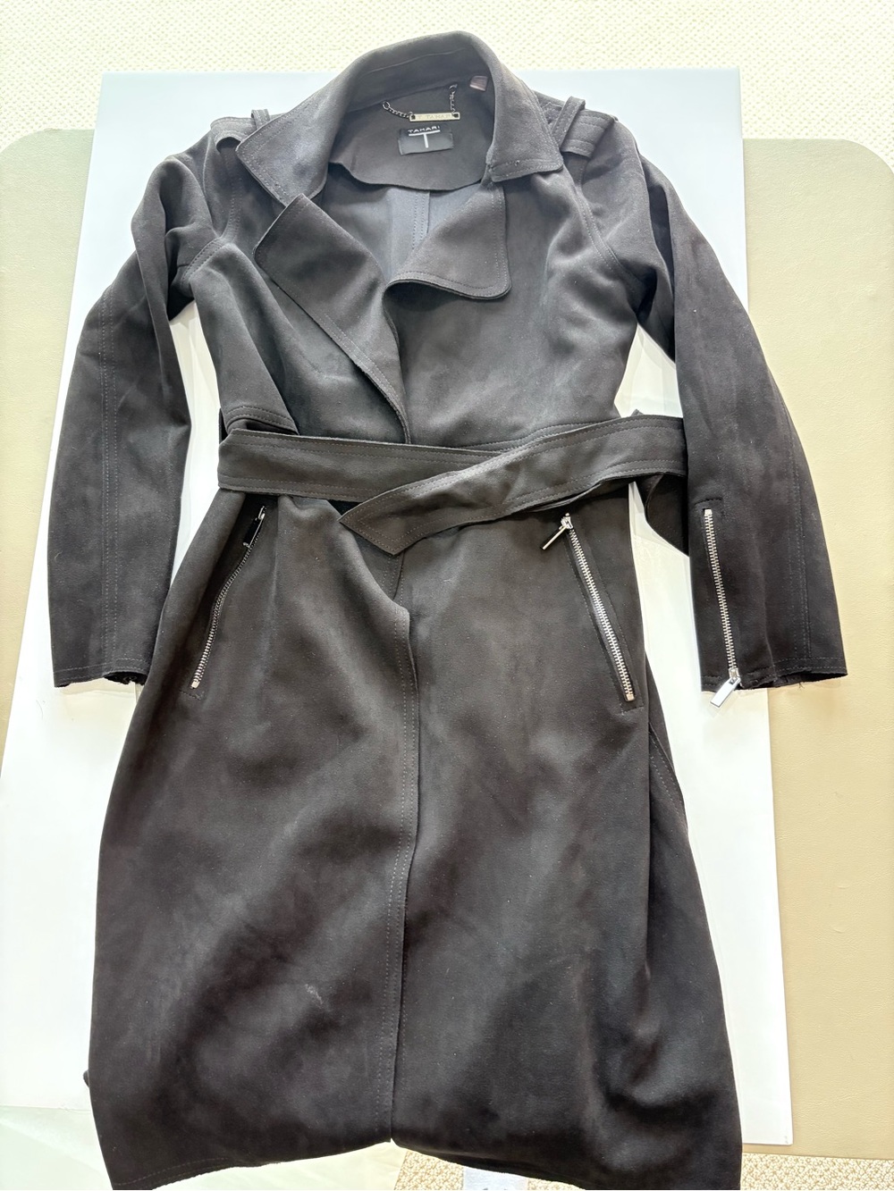 Tahari Black Sueded Long Trench Coat